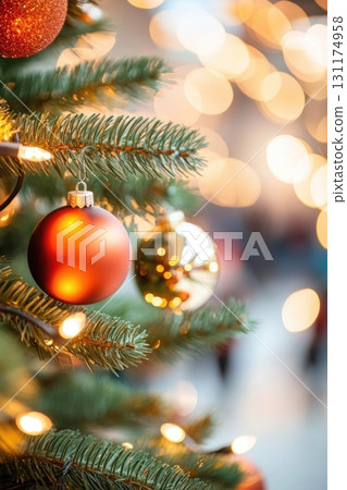 Festive shopping mall with christmas tree and golden and red decorations in holiday season 131174958