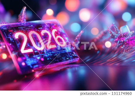 Futuristic neon display with 2026 in vibrant colors and digital elements Futuristic neon display with 2026 in vibrant colors and digital elements 131174960