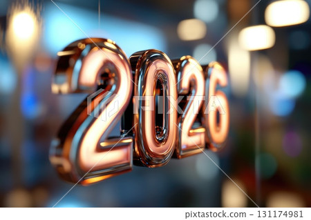 Vibrant neon 2026 numbers reflecting on glossy black surface with colorful lights Vibrant neon 2026 numbers reflecting on glossy black surface with colorful lights 131174981