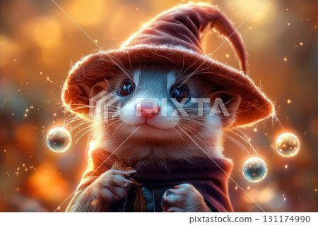 Adorable ferret dressed as a wizard surrounded by magical glowing orbs in a whimsical forest 131174990