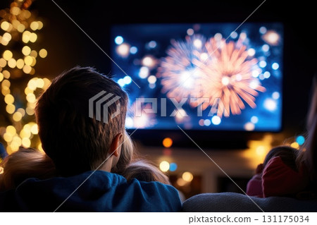 Child watching festive fireworks display on tv during cozy holiday evening at home 131175034