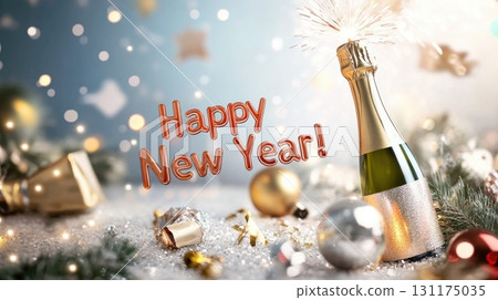 Festive new year celebration with sparkling champagne bottle in snowy setting 131175035