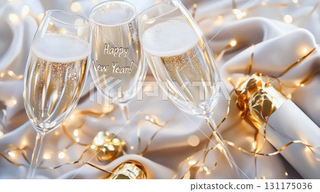 Celebration with sparkling champagne flutes and gold ribbon 131175036