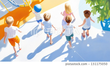 Bright summer day at a colorful playground with children and play structures 131175050