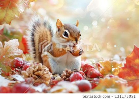 Cute squirrel enjoying autumn nuts in a colorful leafy forest setting 131175051