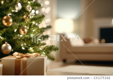Cozy christmas living room with decorated tree and wrapped gifts 131175102