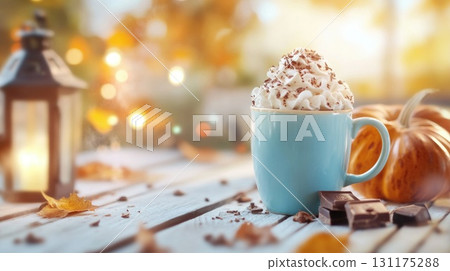 Cozy autumn scene with hot chocolate and whipped cream delight Cozy autumn scene with hot chocolate and whipped cream delight 131175288
