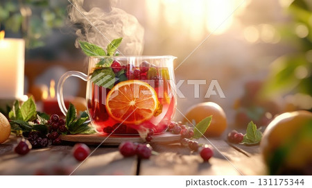 Aromatic mulled wine with citrus and cranberries in cozy setting with candlelight 131175344
