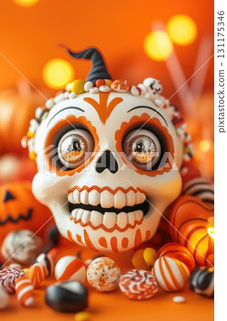 Playful halloween candy scene with decorated skull on vibrant orange background 131175346