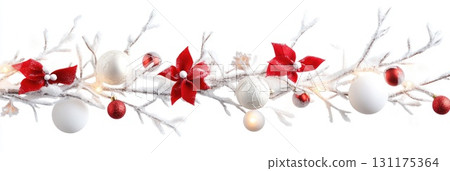 Festive branch with red and white christmas decor on snowy background 131175364
