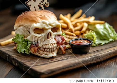 Creative skull burger with cheese, bacon, and fries on wooden platter Creative skull burger with cheese, bacon, and fries on wooden platter 131175405