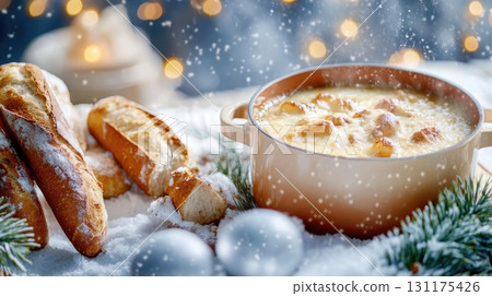 Cozy winter soup in a steaming pot with fresh bread and snowy backdrop 131175426
