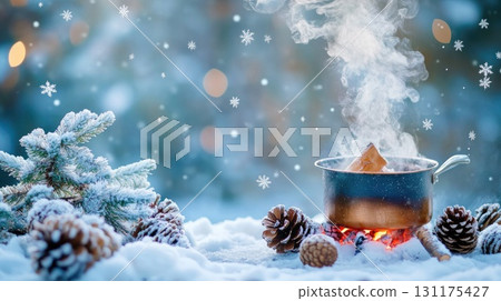 Steaming soup outdoors on a snowy day with pinecones and firewood ambience 131175427