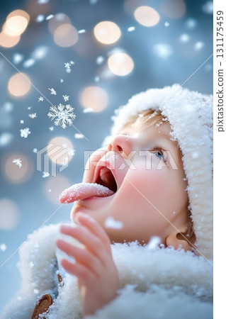 Joyful child catching snowflakes on tongue in winter wonderland 131175459