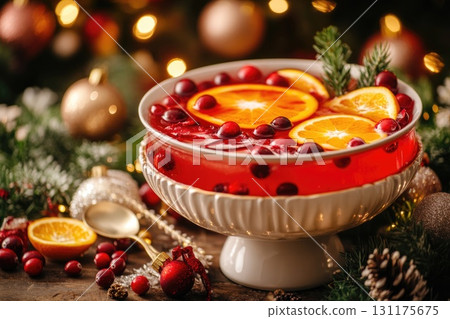 Festive holiday punch with cranberries and orange slices in a glass bowl 131175675