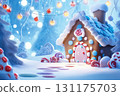 Festive gingerbread house decorated with candy and snow for christmas celebration 131175703