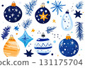 Colorful christmas ornaments and festive decorations with pine branches and stars 131175704