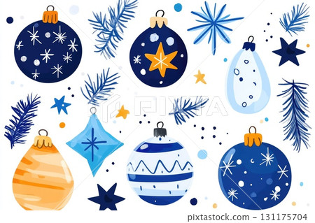 Colorful christmas ornaments and festive decorations with pine branches and stars 131175704