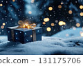 Festive gift box in snowy winter wonderland with bokeh lights 131175706