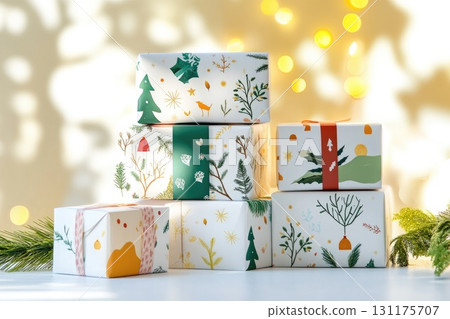 Stack of colorful gift boxes with ribbons on festive bokeh background 131175707