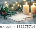 Blank paper surrounded by festive candles and evergreen branches for holiday greetings 131175714
