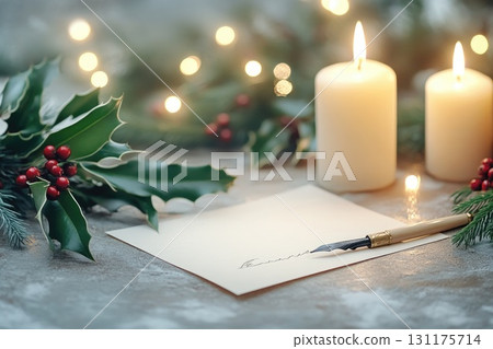 Blank paper surrounded by festive candles and evergreen branches for holiday greetings 131175714