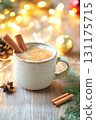 Cozy holiday mug of eggnog with cinnamon sticks and festive lights 131175715