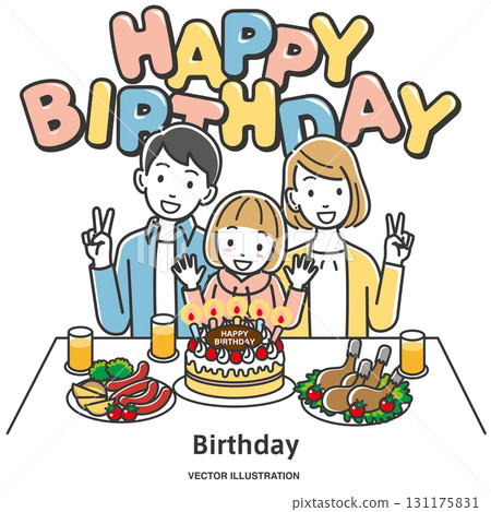 Illustration of a family celebrating a child's birthday party 131175831