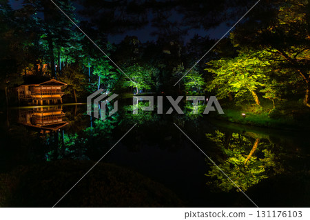 Reflections of illuminated, fantastical buildings 131176103