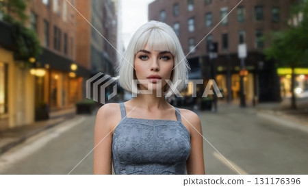 Half-length portrait of seductive slim platinum blonde caucasian young woman in tight grey top looking at camera outdoors in empty street of modern city at dusk. Digital art illustration. Half-length portrait of seductive slim platinum blonde caucasian young woman in tight grey top looking at camera outdoors in empty street of modern city at dusk. Digital art illustration. 131176396