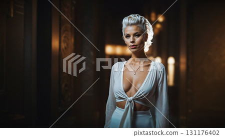 Half-length portrait of trendy seductive platinum blonde caucasian young woman in white dress with low neckline looking at camera on dark brown background with copy space. Digital art illustration. Half-length portrait of trendy seductive platinum blonde caucasian young woman in white dress with low neckline looking at camera on dark brown background with copy space. Digital art illustration. 131176402