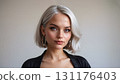 Portrait of attractive platinum blonde caucasian young woman with trendy bob haircut and big hoop earrings in black low neckline dress looking at camera on grey background. Digital art illustration. 131176403