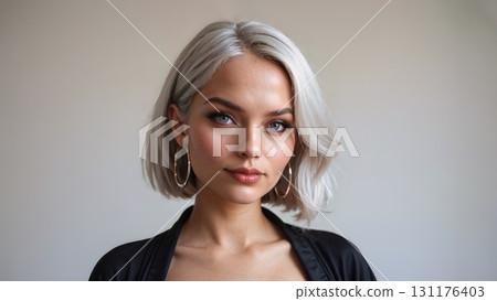 Portrait of attractive platinum blonde caucasian young woman with trendy bob haircut and big hoop earrings in black low neckline dress looking at camera on grey background. Digital art illustration. 131176403