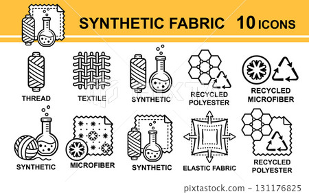 Synthetic fabric textile, elastic polyester microfiber sewing clothing material line icon. Soft stretch cloth. Recycled eco tissue. Thread spool. Acrylic knitting yarn. Tailoring fashion label. Vector Synthetic fabric textile, elastic polyester microfiber sewing clothing material line icon. Soft stretch cloth. Recycled eco tissue. Thread spool. Acrylic knitting yarn. Tailoring fashion label. Vector 131176825
