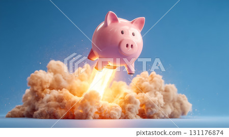 A futuristic pink piggy bank rocket symbolizing economic development 131176874