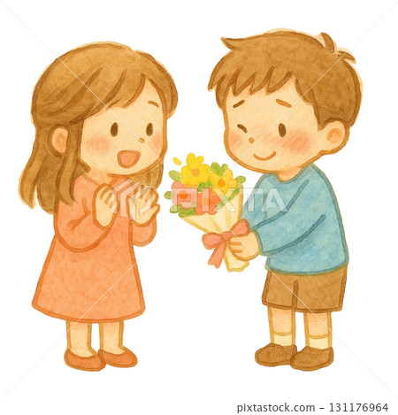 一個男孩遞上一束花束的插圖 131176964