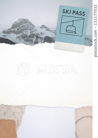 collage style of Ski pass with mountain background and blank paper for winter sports planning 131177032