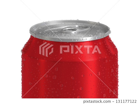 Red Aluminum soda can with water drops isolated on white background Red Aluminum soda can with water drops isolated on white background 131177122