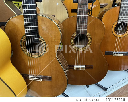 Various gut guitars lined up Various gut guitars lined up 131177326