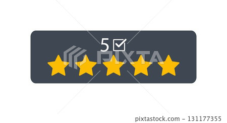 Customer review by five star feedback. Five star rating displayed. Good rating concept. Customer review by five star feedback. Five star rating displayed. Good rating concept. 131177355