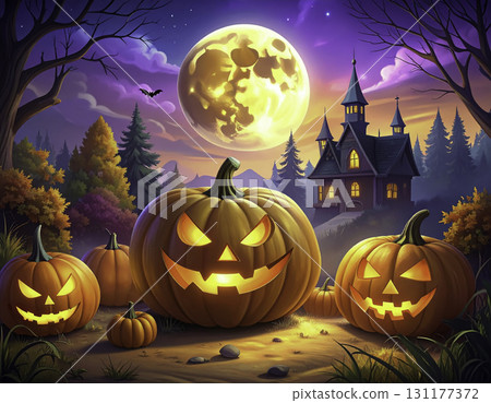 萬聖節插圖:滿月之夜閃閃發光的南瓜燈 萬聖節插圖:滿月之夜閃閃發光的南瓜燈 131177372