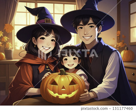 一家人盛裝打扮迎接萬聖節，頭戴南瓜燈 131177460