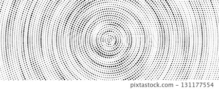 Black halftone concentric circle texture. Rippled repeating sound wave ring wallpaper. Dotted radial gradient background. Vector rasterized backdrop for vibration, epicenter, target, radar signal 131177554