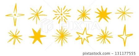 Golden crayon hand drawn stars and sparkles set. Yellow rough brush stroke shine element pack for collage, poster, sticker, label. Childish doodle sparks collection. Sketched pencil asterisks. Vector 131177555