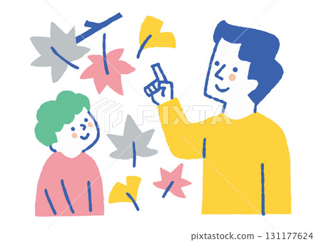 Father and child enjoying autumn leaves_Color 131177624