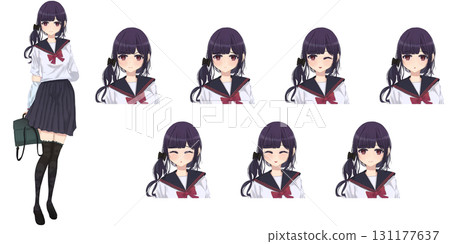 Cute anime-style high school girl character set with facial expressions 131177637