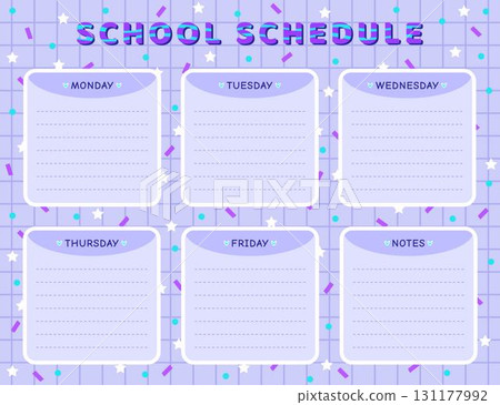 Vector school schedule template in blue colors. Timetable for schoolchildren and pupils, doodle cartoon design, back to school weekly lesson planner with checkered background and confetti 131177992