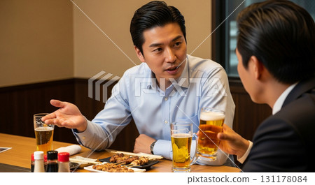 Salarymen discussing at a yakitori restaurant Salarymen discussing at a yakitori restaurant 131178084
