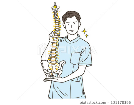 Smiling man in a white coat holding a skeleton model Smiling man in a white coat holding a skeleton model 131178396