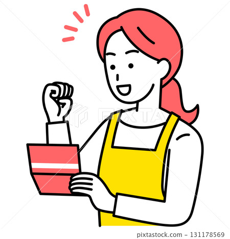 一位穿著圍裙的女士很高興看到她的存摺 131178569